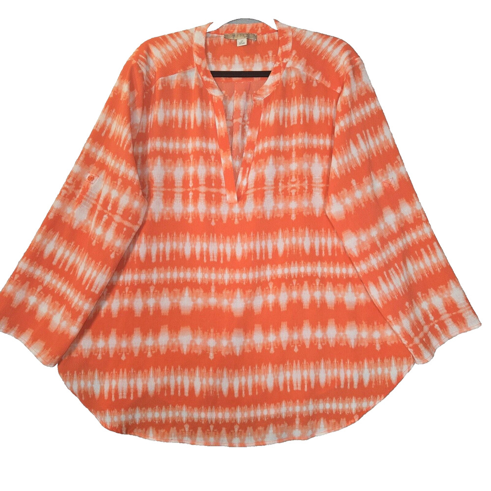 Misia Curvy Womens 2X Tunic Blouse Orange‎ White Tie Dye Roll Tab Sleeves Beach
